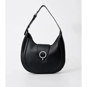 French Connection Charm Smooth Ring Closure Black Faux Leather Shoulder Hobo Bag